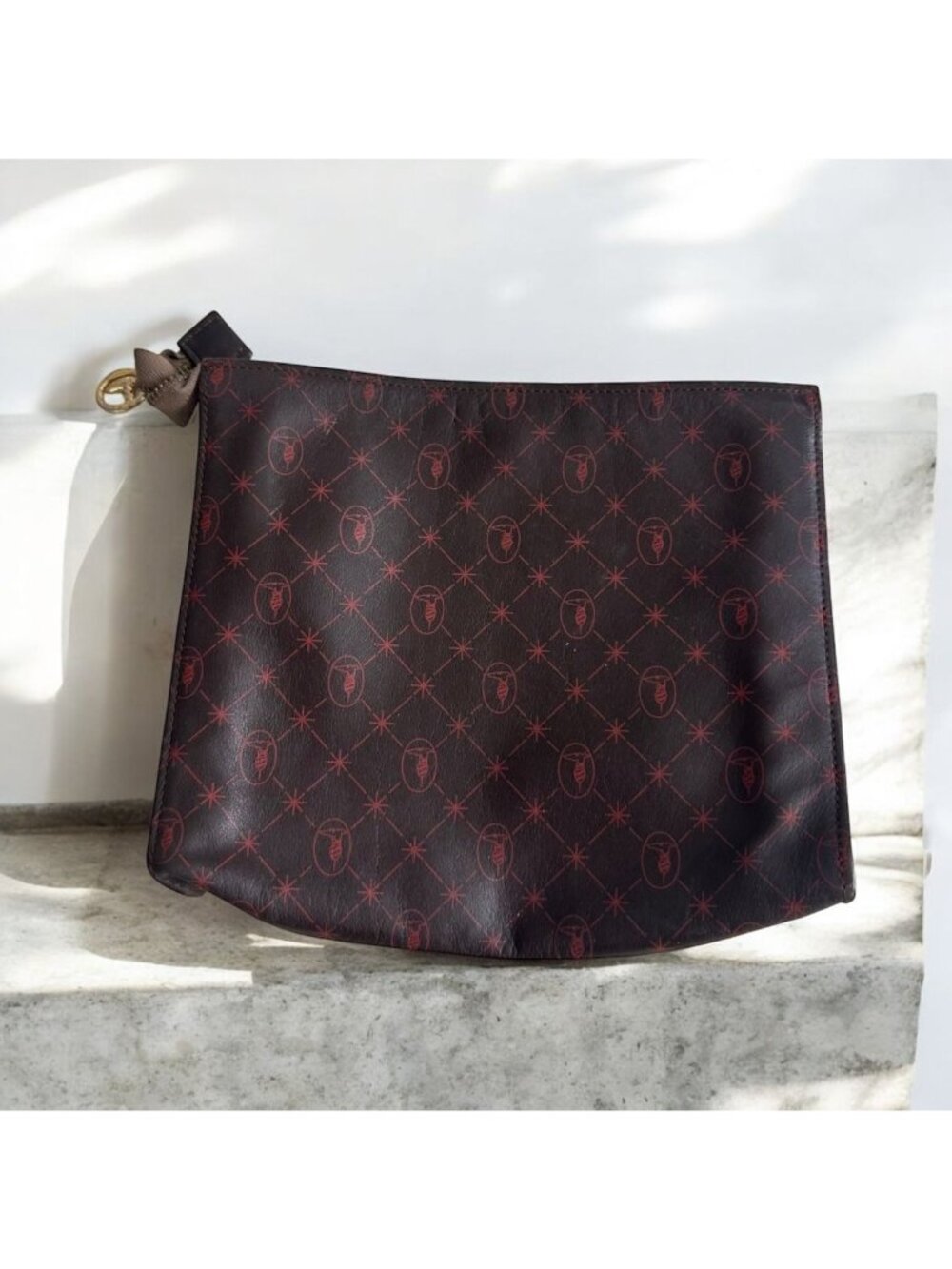 TRUSSARDI Brown Red Soft Leather Logo Pouch Bag